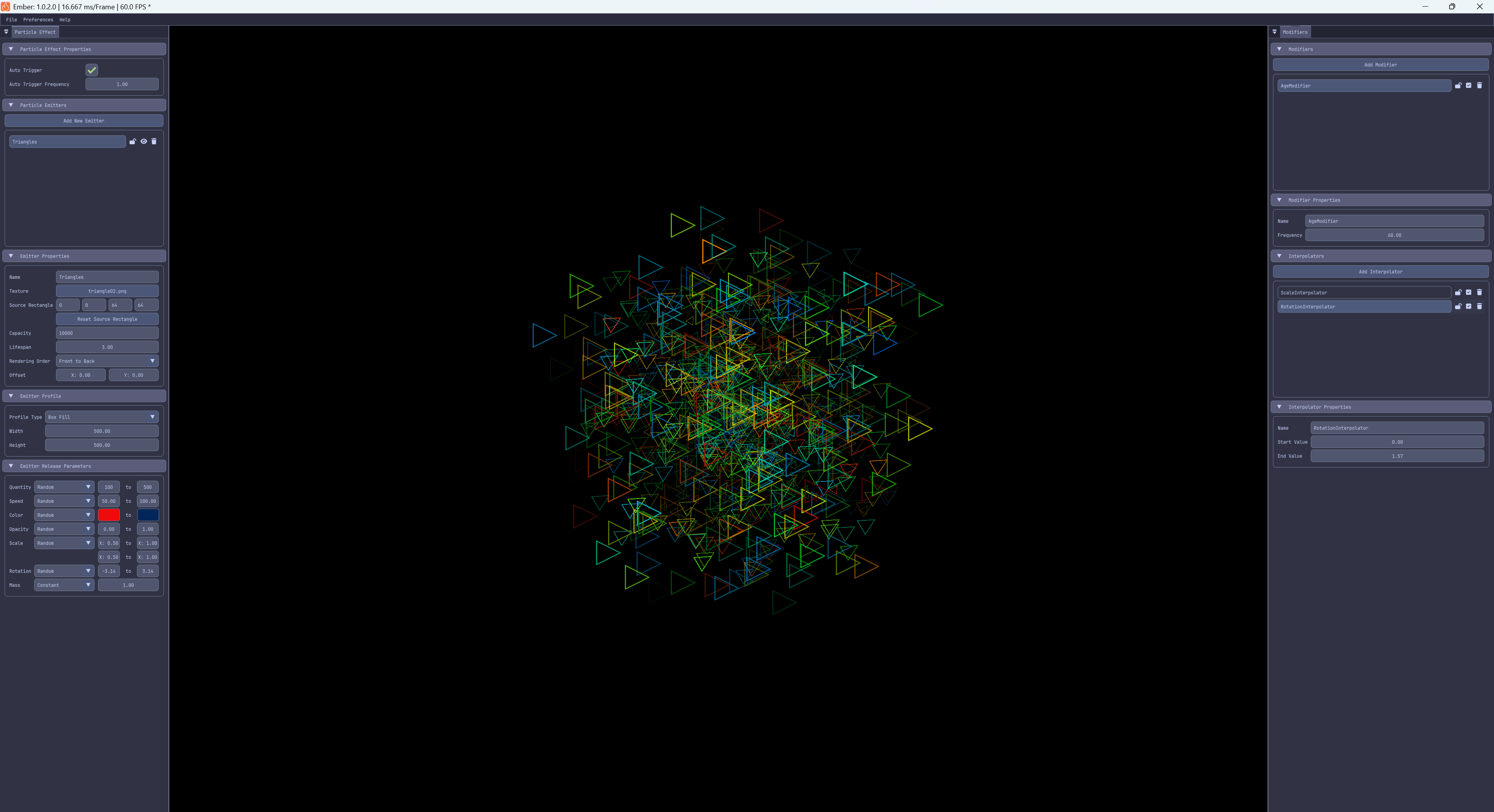 Editor interface showing the main menu bar, viewport, particle effect panel, and modifiers panel