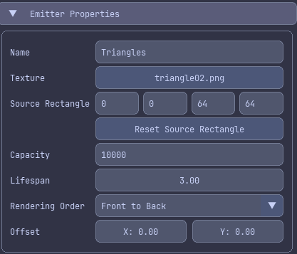 Emitter properties showing name, capacity, and rendering settings