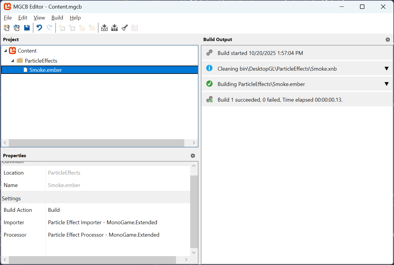 MGCB Editor showing .ember file with automatic importer/processor assignment