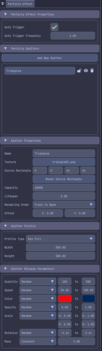 Particle Effect panel showing emitter list and properties