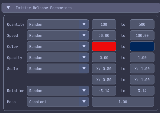 Release parameters showing quantity, speed, color, and other particle properties